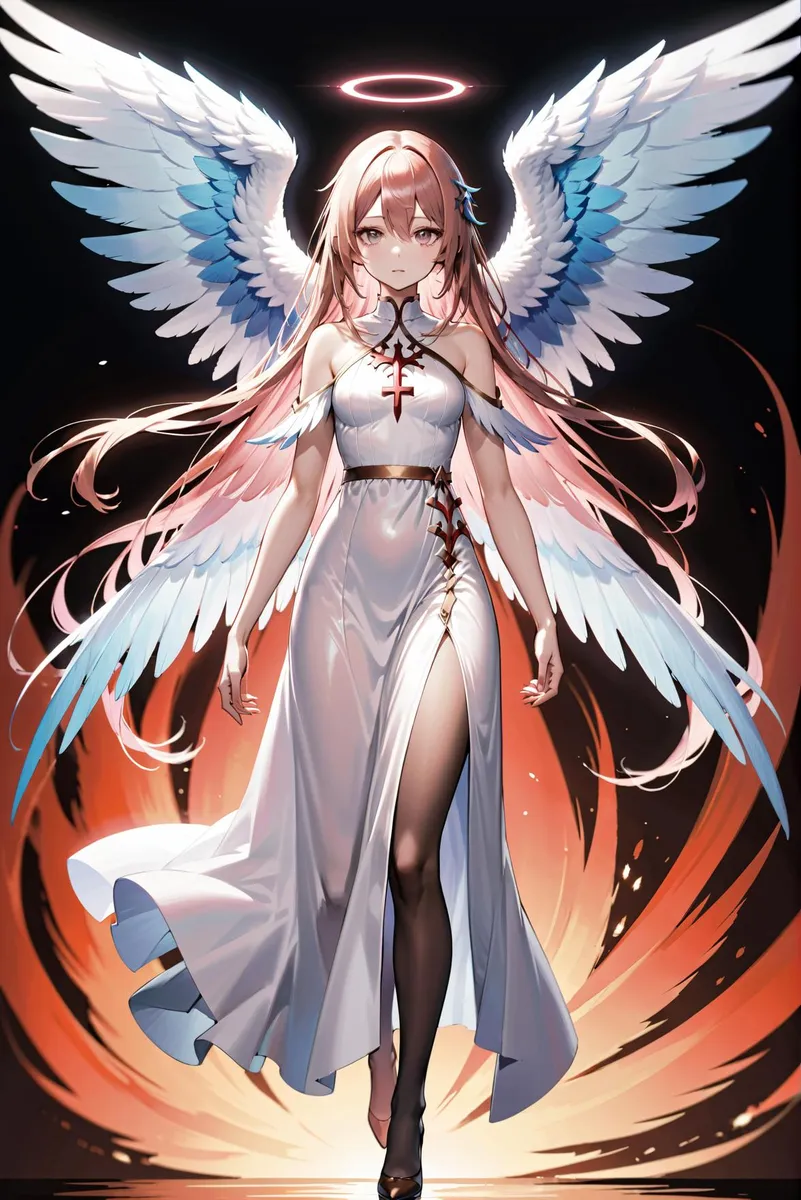 Anime angel with long pink hair, halo, blue and white wings, and a white flowing dress created using Stable Diffusion.