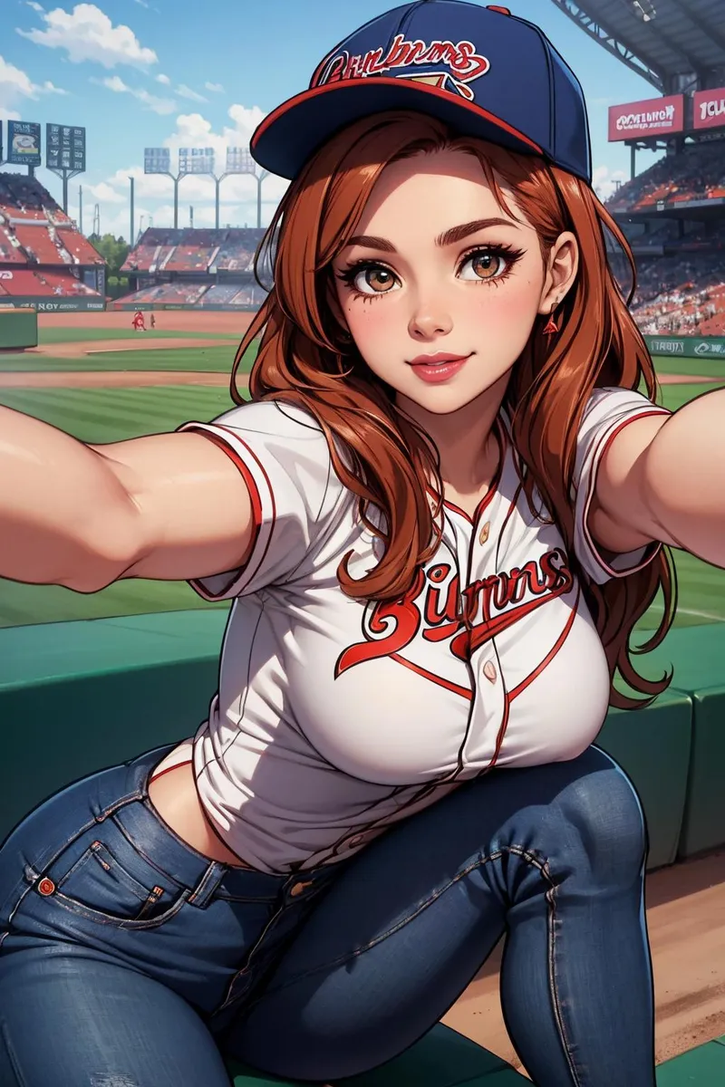 Anime girl with brown hair wearing a baseball cap and a white jersey with red lettering, taking a selfie at a baseball game. Stadium seating and bright blue sky are visible in the background. AI generated image using stable diffusion.