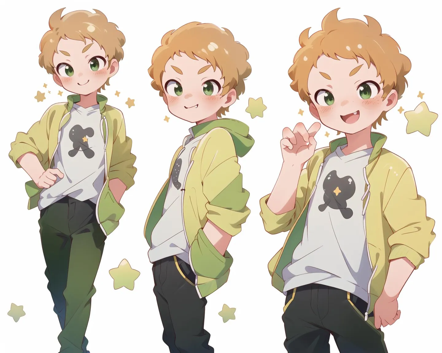Anime boy in green jacket, multiple poses, created using Stable Diffusion.