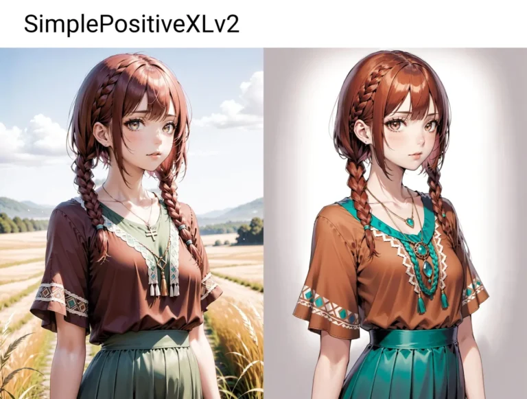 An anime-style girl with braided hair in both an outdoor and studio setting. AI generated image using Stable Diffusion.