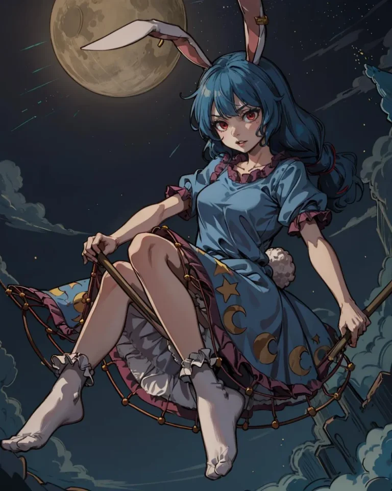 AI generated image of an anime girl with blue hair wearing a bunny costume, sitting on a swing under the moonlight using Stable Diffusion.