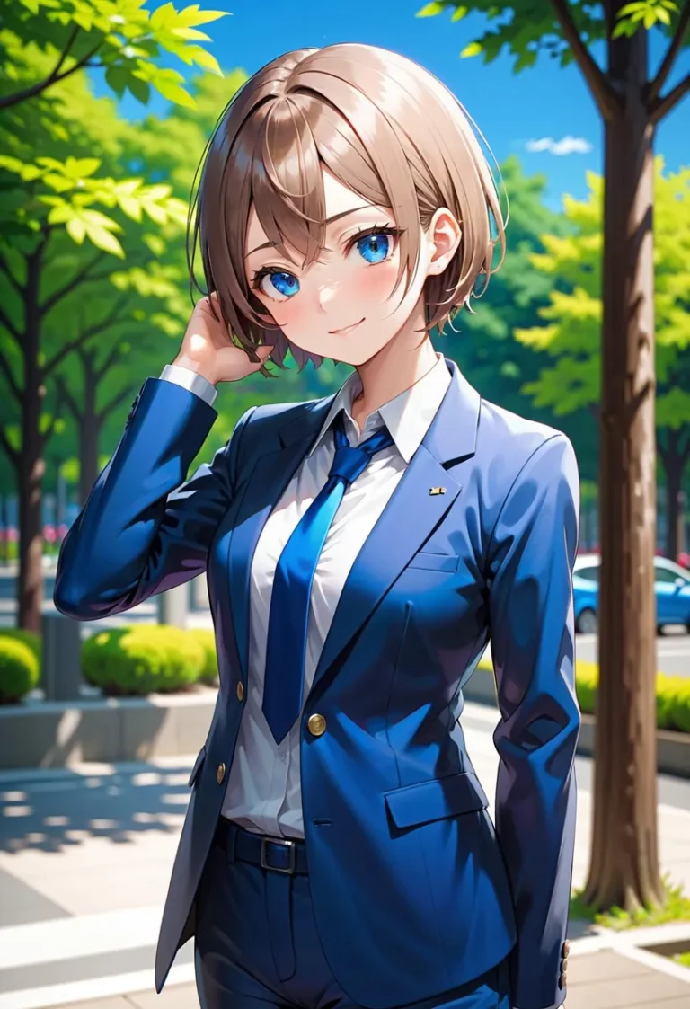 AI generated image using Stable Diffusion of an anime-style businesswoman with short brown hair and blue eyes, wearing a blue suit and tie, standing outdoors with trees and a clear sky in the background.