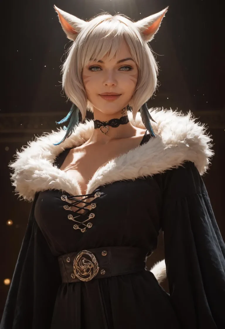 Anime girl with cat ears, short white hair, wearing a choker and a black dress with fur trim, ai generated using stable diffusion.