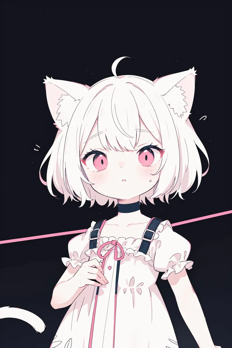 Adorable anime cat girl with white hair and pink eyes. AI generated image using stable diffusion.