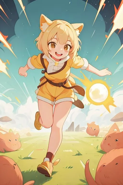 Anime cat girl in yellow outfit running with a joyful expression on a sunny day surrounded by cute cat-like creatures with mountains in the background, illustrating an AI generated image using Stable Diffusion.