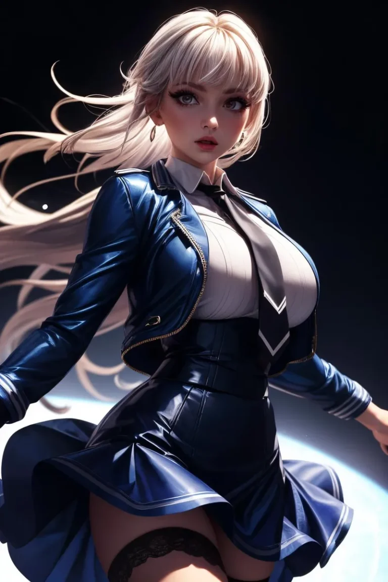Anime character with long blond hair, wearing a blue leather jacket, tie, high-waist skirt, and thigh-high stockings. AI-generated using Stable Diffusion.