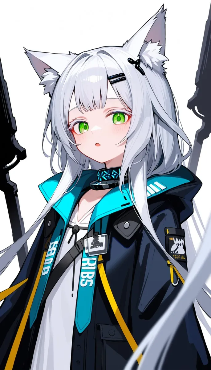 An anime-styled character with silver hair, green eyes, and cat ears, dressed in a futuristic outfit with a black and turquoise color scheme. This is an AI generated image using Stable Diffusion.