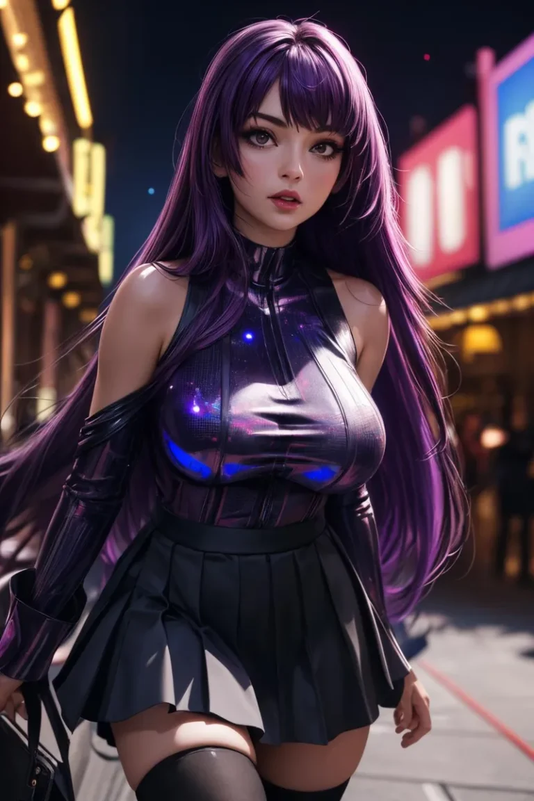 A detailed anime character with long violet hair in a cyberpunk cityscape, AI generated image using stable diffusion.