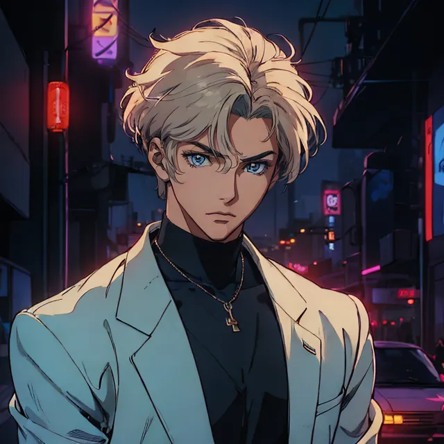 Anime character with blond hair and blue eyes in an urban night scene, generated by AI using Stable Diffusion.