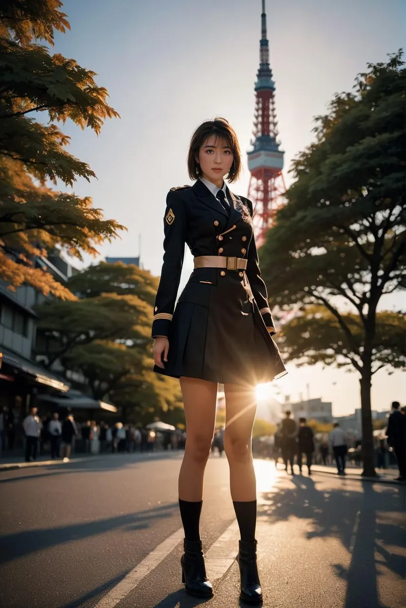 An anime cosplay character in a navy military uniform standing in front of the Tokyo Tower during sunset. AI generated image using stable diffusion.