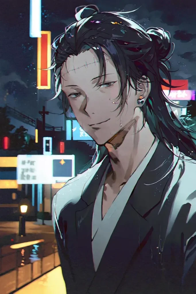An anime-style character with long, dark, slightly disheveled hair, a scar across the forehead, and an earring. The character is wearing a modern jacket with a relaxed expression and subtle sweat drops on their face. The background features a bustling night cityscape with neon signs and reflections on wet surfaces, giving a cyberpunk feel.