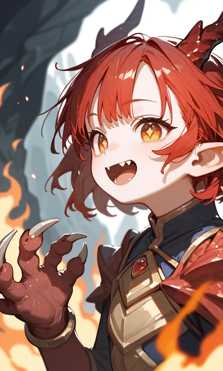 A close-up illustration of an anime demon girl with red hair and fiery orange eyes featuring pointed ears, fangs, and clawed hands in front of a fiery background, created using Stable Diffusion.