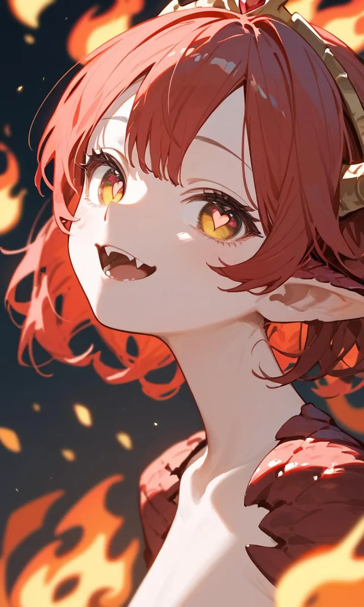 A fantasy anime demon girl with red hair, golden eyes with heart-shaped pupils, sharp teeth, and a playful expression. AI generated image using stable diffusion.