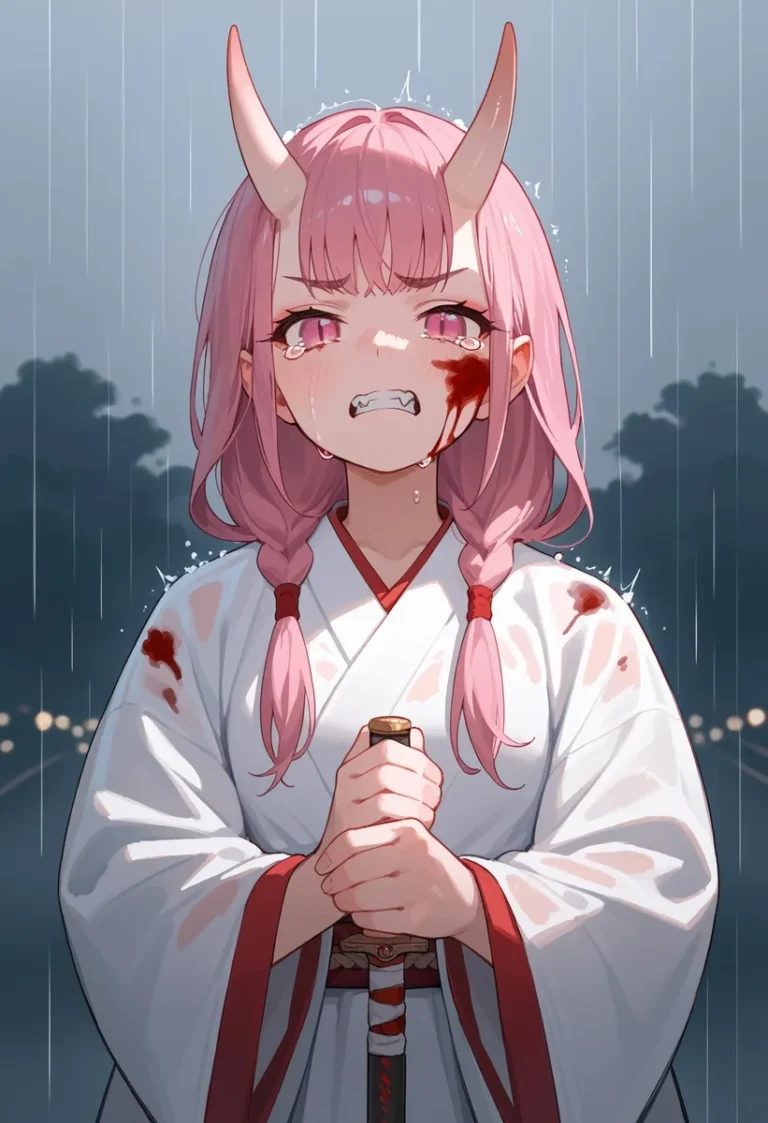 An AI generated image using Stable Diffusion, depicting an emotional anime girl with pink hair, red demon horns, and a white kimono, holding a sword, with a background of dark, rainy weather.