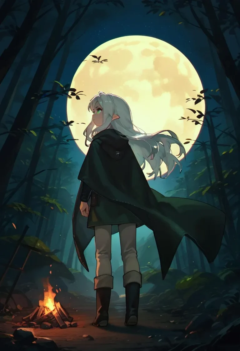Anime elf standing in a forest with a full moon in the background and a campfire. AI generated image using Stable Diffusion.