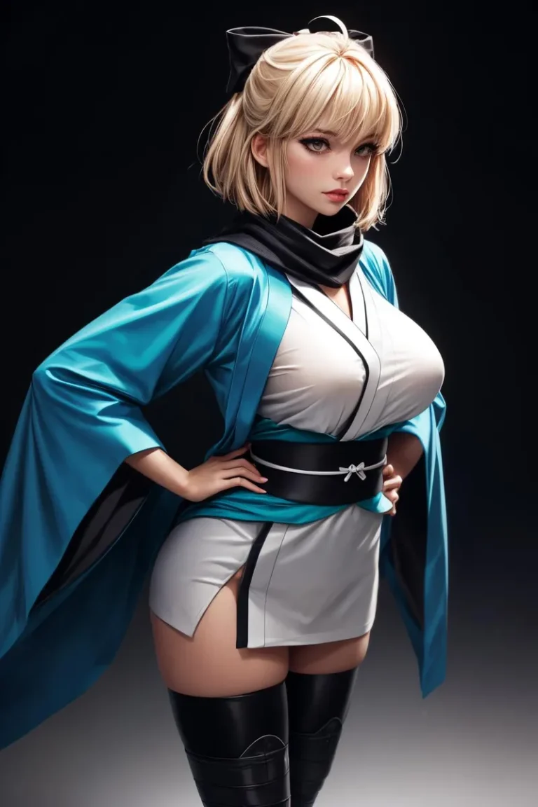 An AI generated image using Stable Diffusion showing an anime-style female warrior with blond hair, wearing a blue kimono and a black scarf.