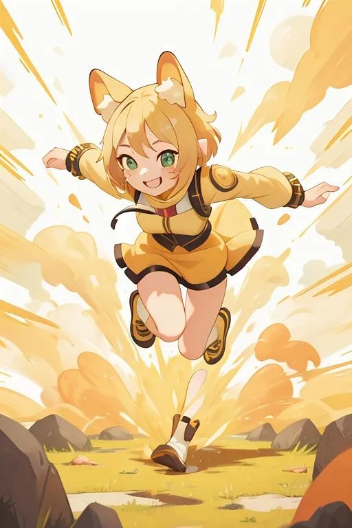 Cheerful anime fox girl with blonde hair, green eyes, and fox ears leaping forward energetically against a dynamic background. AI generated image using Stable Diffusion.