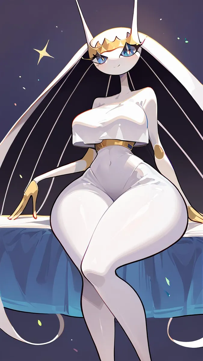 Stylized anime character with blue eyes, wearing futuristic white attire and a golden crown, created by AI using stable diffusion.