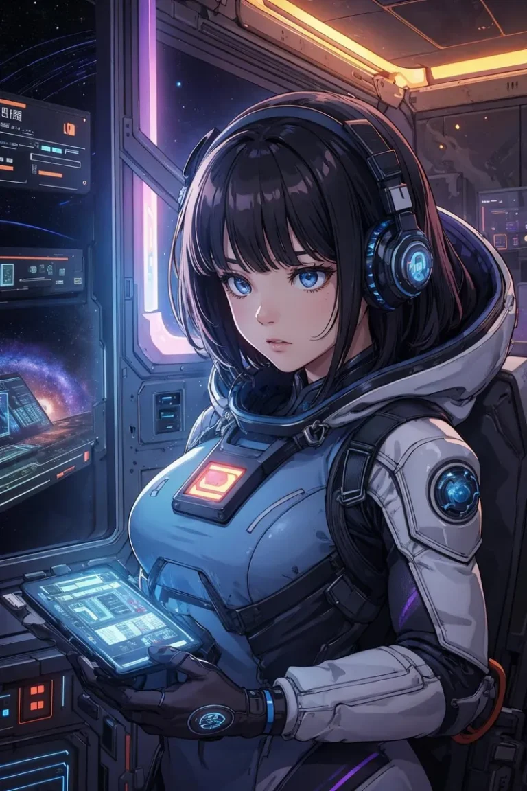 Anime-style drawing of a girl in a spacesuit inside a futuristic spaceship, using a digital tablet. Stable Diffusion AI image