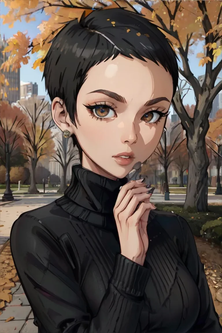 AI generated image of an anime-style girl with short black hair, wearing a black turtleneck, standing in an autumn park.