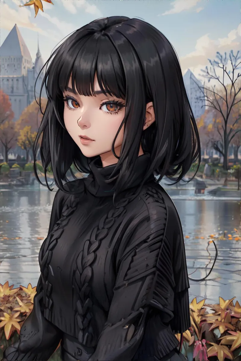Anime girl with black hair and black outfit in an autumn park background. AI generated image using Stable Diffusion.