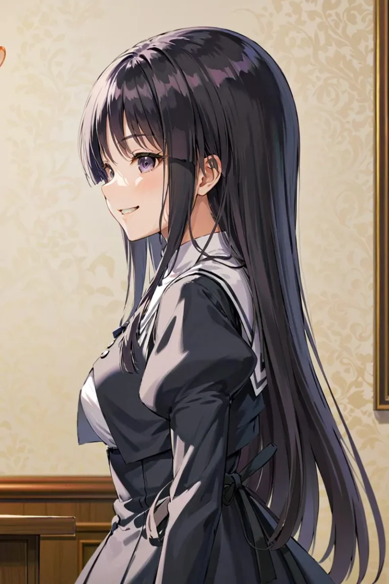 An AI generated image using stable diffusion, showing a smiling anime girl with long black hair, dressed in a black sailor school uniform.
