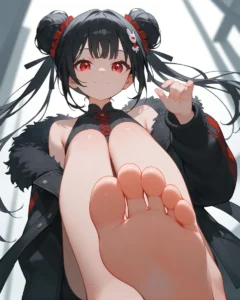 AI generated image using stable diffusion of an anime girl with black hair in double buns, red eyes, and a black outfit with a fluffy black jacket. The perspective is from below showing her bare feet prominently in the foreground.