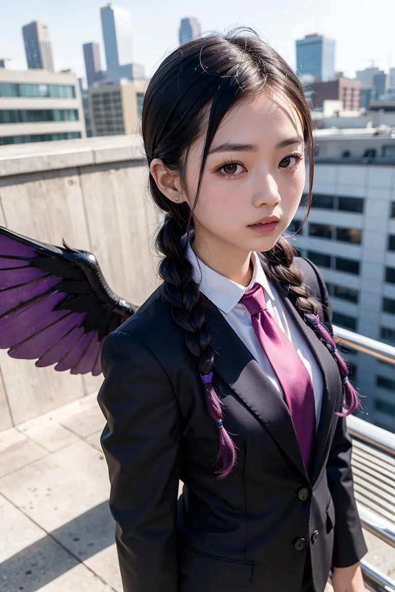 AI generated image using Stable Diffusion of an anime girl wearing a suit and tie with black and purple wings in front of a cityscape background.