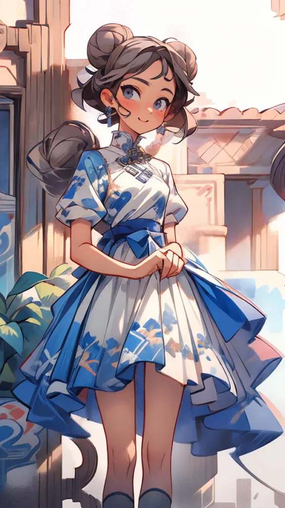 An AI generated image using stable diffusion of an anime girl with twin buns hairstyle wearing a white and blue dress standing in a sunny outdoor setting.