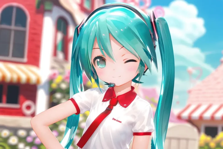 Anime girl with blue hair, winking and standing with one hand on her hip, wearing a white shirt with red collar and tie, background of colorful buildings and flowers. AI generated using Stable Diffusion.
