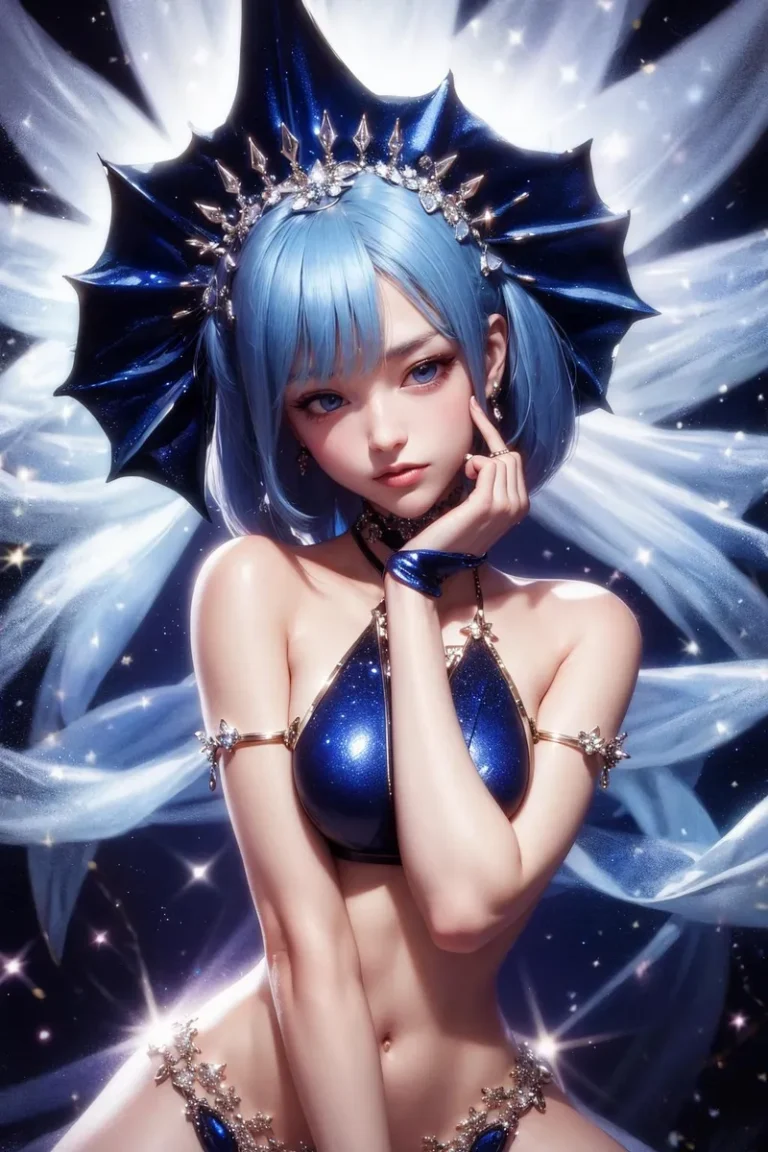 An AI generated image of a blue-haired anime girl wearing glittering blue fantasy attire, headpiece, and jewelry, with a background filled with stars.