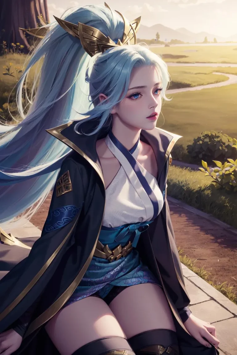 AI generated image using stable diffusion of a fantasy character with long blue hair, sitting in a serene outdoor landscape, dressed in a costume that appears to be inspired by traditional and fantasy elements.