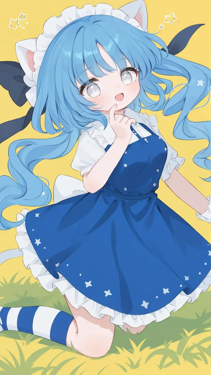 Anime girl with blue hair, wearing a blue maid outfit and striped socks, kneeling and touching her cheek with one finger, created using Stable Diffusion.