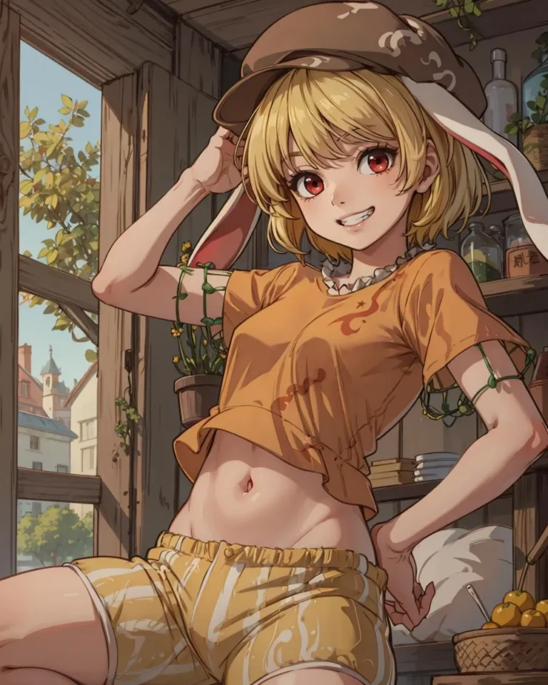 Anime girl with blonde hair, red eyes, wearing bunny ears hat, orange crop top, and yellow shorts, inside a cozy, rustic room with wooden furnishings.