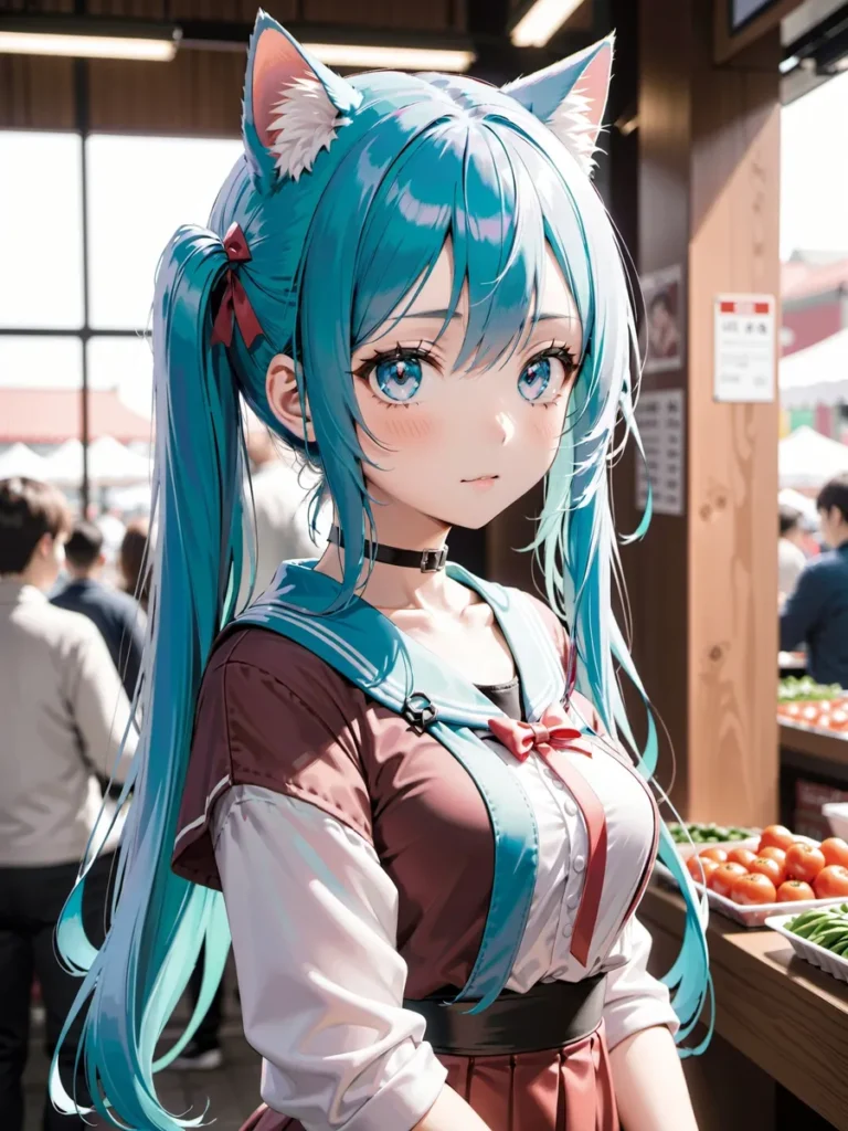 Anime-style girl with blue hair and cat ears in a market, AI generated image using stable diffusion.