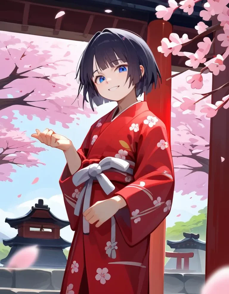 Anime girl in a red kimono standing under cherry blossoms, AI generated image using stable diffusion.
