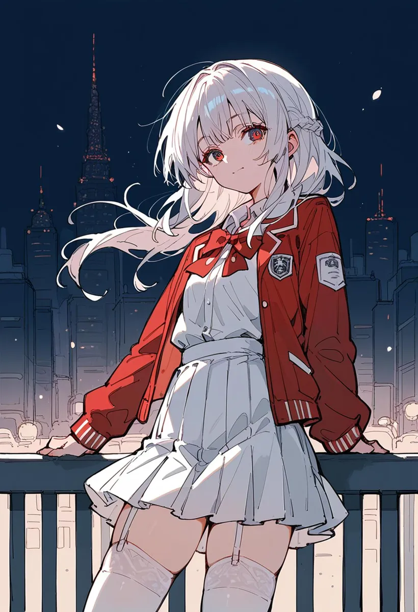 Anime girl with white hair, wearing a red jacket and white skirt, standing against a nighttime cityscape background. AI generated image using Stable Diffusion.