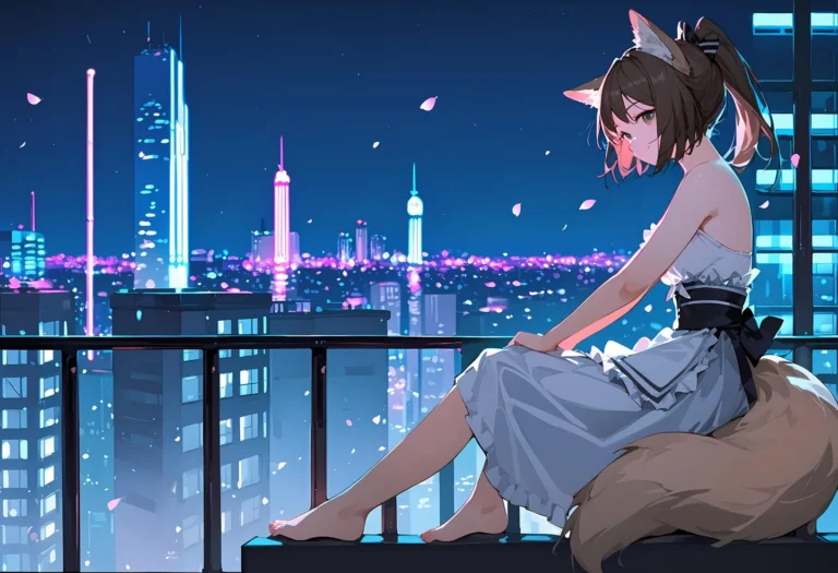 Anime girl with cat ears and a white dress sitting on a balcony at night overlooking a cityscape with neon lights. AI generated image using Stable Diffusion.