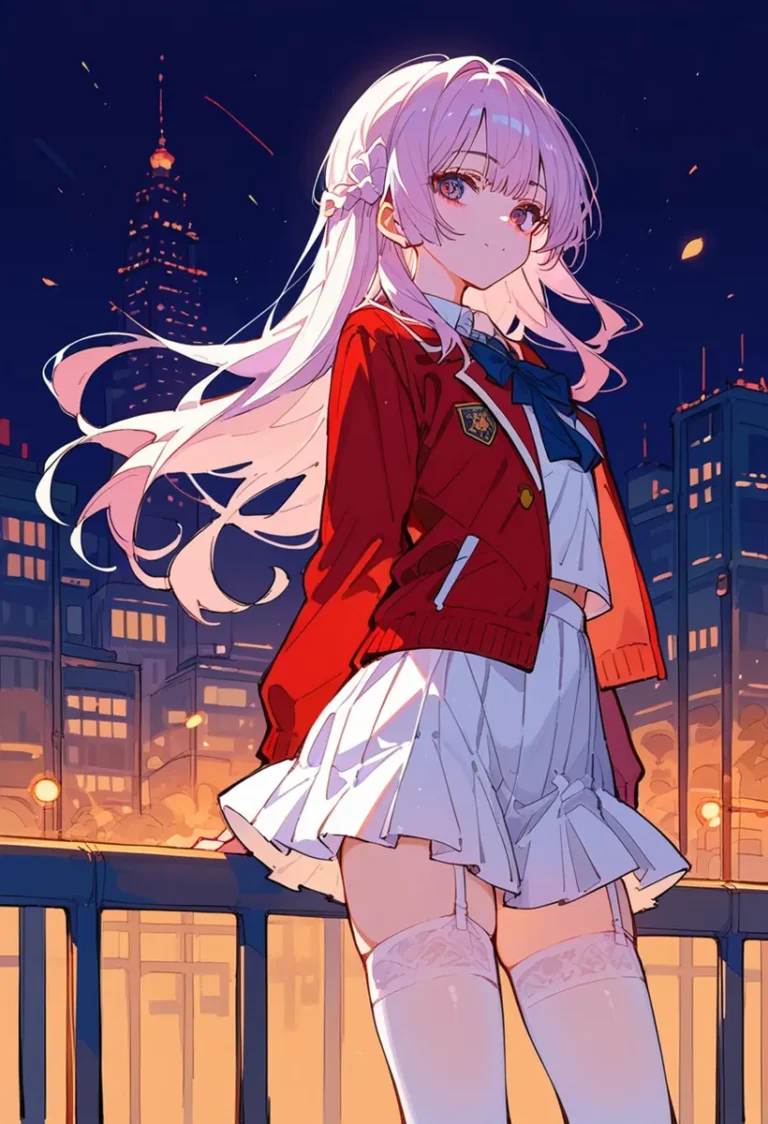 AI generated image using Stable Diffusion of an anime girl with long pink hair, standing against a cityscape at night, dressed in a school uniform with a red jacket, pleated white skirt, and thigh-high stockings.