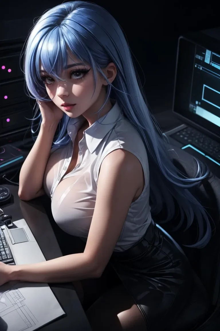 Anime-style girl with long blue hair, dressed in a white sleeveless shirt and black skirt, working at a computer desk in a technology setting. AI generated image using stable diffusion.