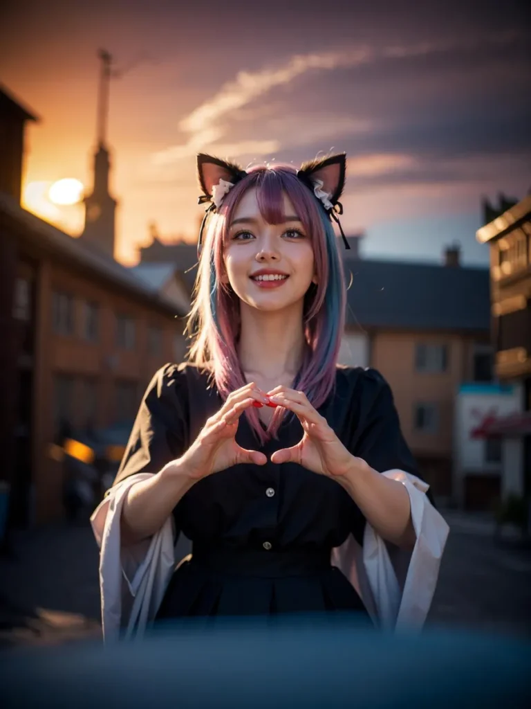 An Anime girl with pink-purple hair wearing a black dress and cat ears, forming a heart shape with her hands. AI generated image using Stable Diffusion.