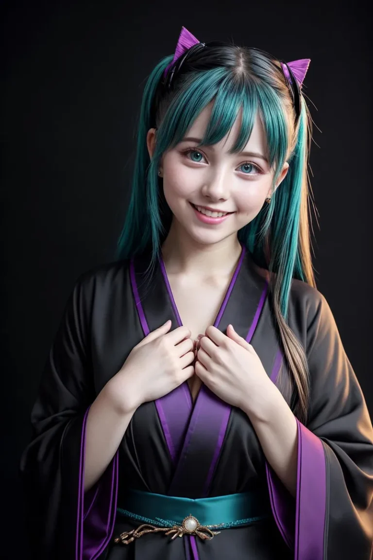 A cute anime girl in cosplay with blue hair, purple cat ears, and wearing a black and purple kimono. AI-generated image using Stable Diffusion.