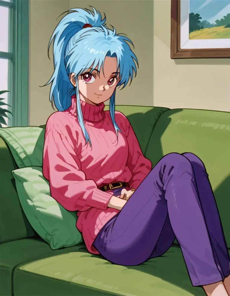 Anime girl with blue hair sitting on a green couch wearing a pink sweater and purple pants. AI generated using Stable Diffusion.