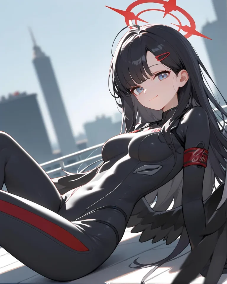 A detailed anime girl with dark hair, wearing a futuristic bodysuit with red accents, lounging in a cyberpunk cityscape. AI-generated image using Stable Diffusion.