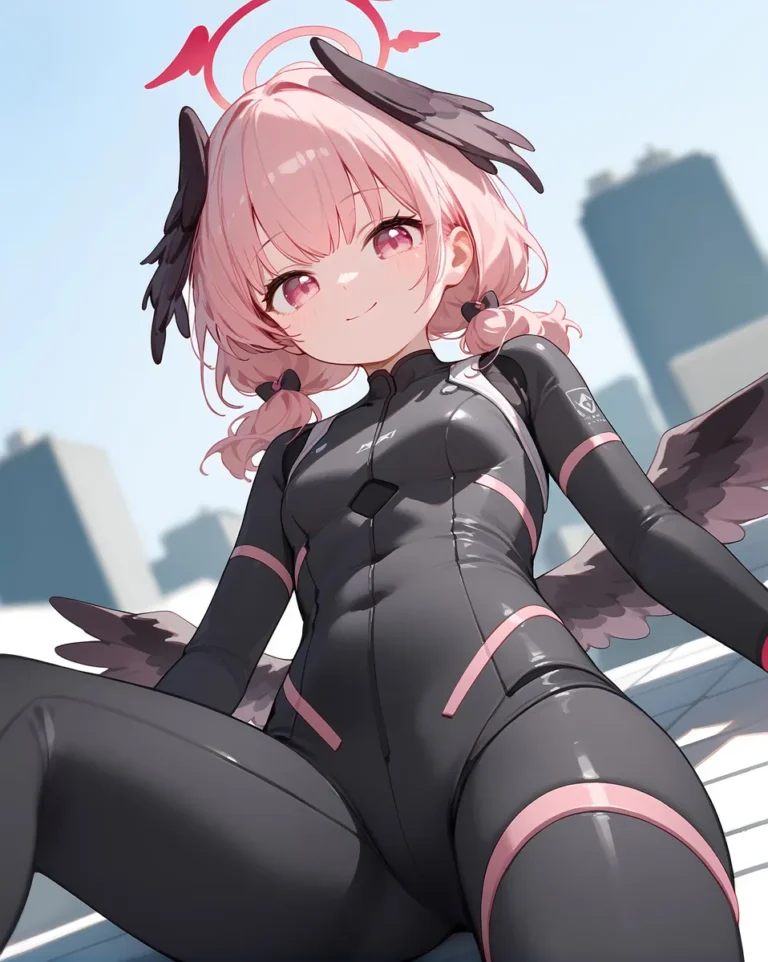 AI generated anime girl characterized as a cyberpunk angel with pink hair, halo, and black bodysuit, created using Stable Diffusion.