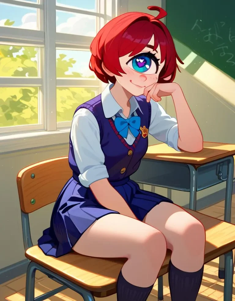 Anime girl with red hair and one large eye, dressed in a school uniform, sitting in a classroom. AI generated image using Stable Diffusion.