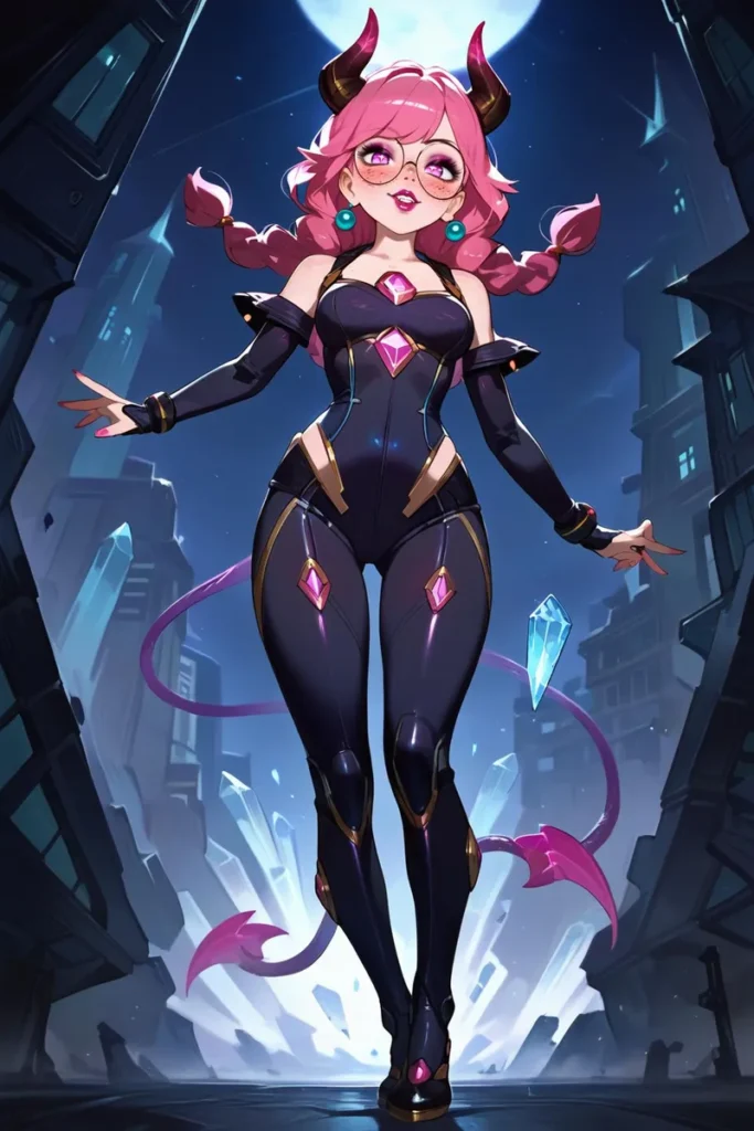 Anime girl with pink hair and glasses, dressed in a demon costume standing under a full moon, AI generated using Stable Diffusion.
