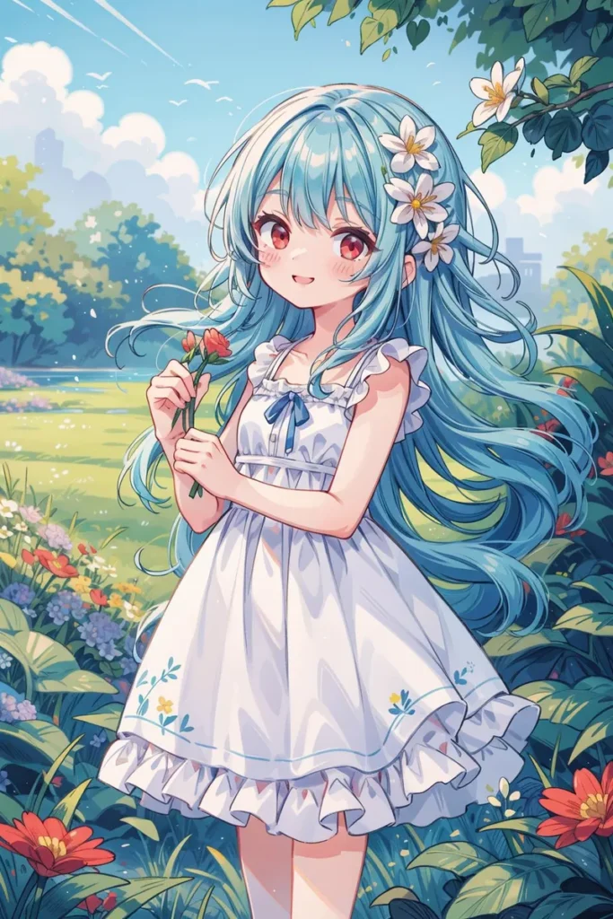 Anime girl with long blue hair in a white dress standing in a colorful flower garden, created using Stable Diffusion.