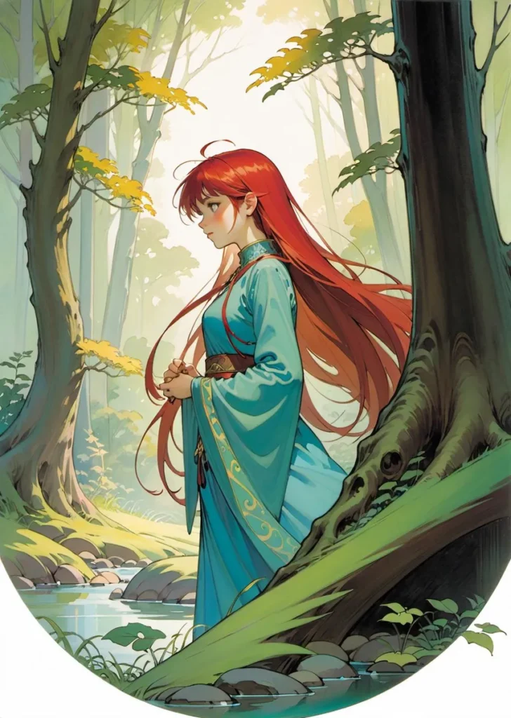 A stylized anime girl with long red hair, wearing a teal traditional outfit, standing in an enchanted forest. This AI generated image is created using stable diffusion.