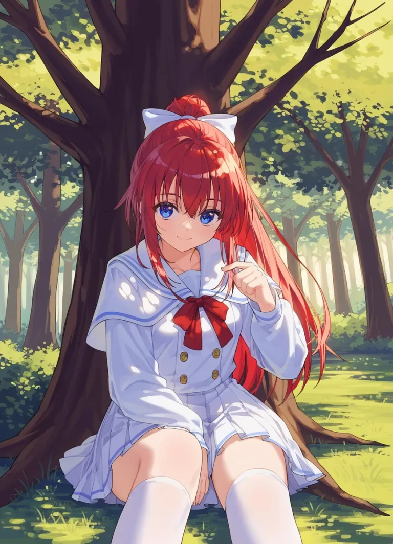 Cute anime girl with red hair and blue eyes sitting in a sunlit forest wearing a sailor outfit. AI generated image using Stable Diffusion.